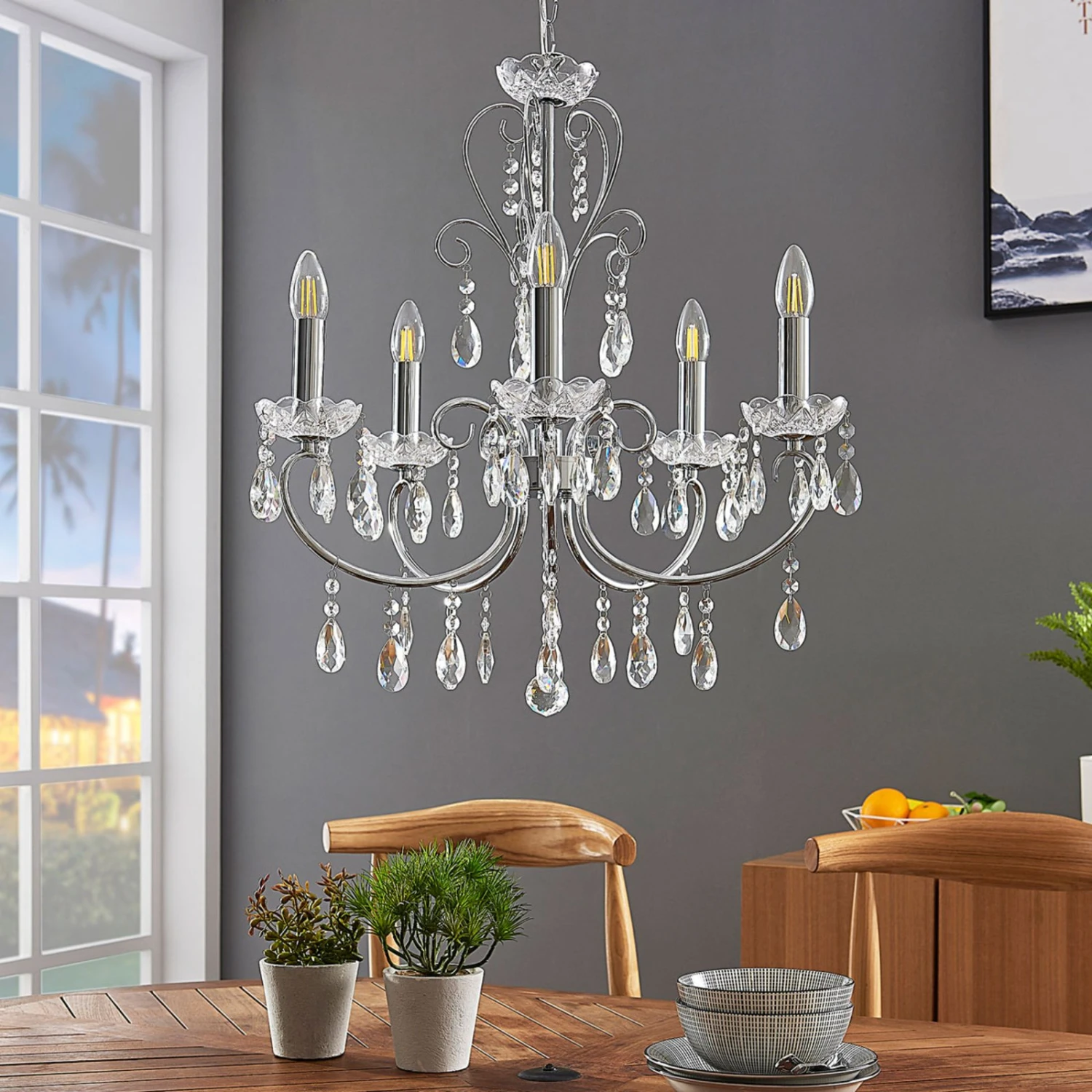 Lucande Kronleuchter Solveig Mit Kristallen, 5-fl., Chrom – Bild 2